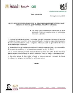 Cuadrillas técnicas de la CFE atendieron las estructuras de alta tensión tras registrarse el megaapagón en el sureste mexicano.