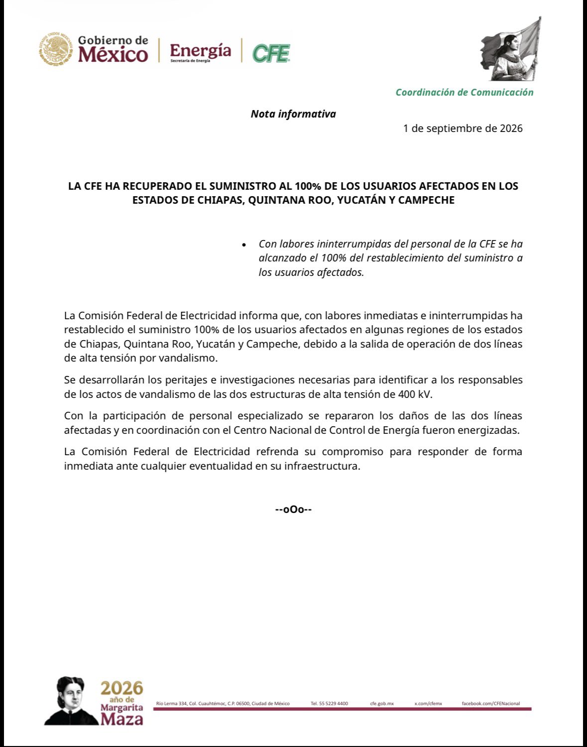 Cuadrillas técnicas de la CFE atendieron las estructuras de alta tensión tras registrarse el megaapagón en el sureste mexicano.