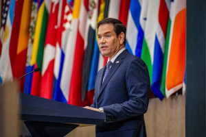 El secretario de Estado de EE. UU., Marco Rubio, durante su pronunciamiento sobre la situación política en Managua.
