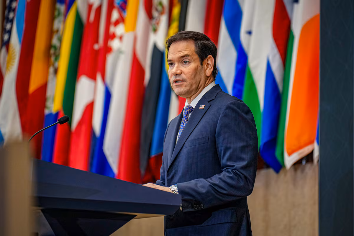 El secretario de Estado de EE. UU., Marco Rubio, durante su pronunciamiento sobre la situación política en Managua.