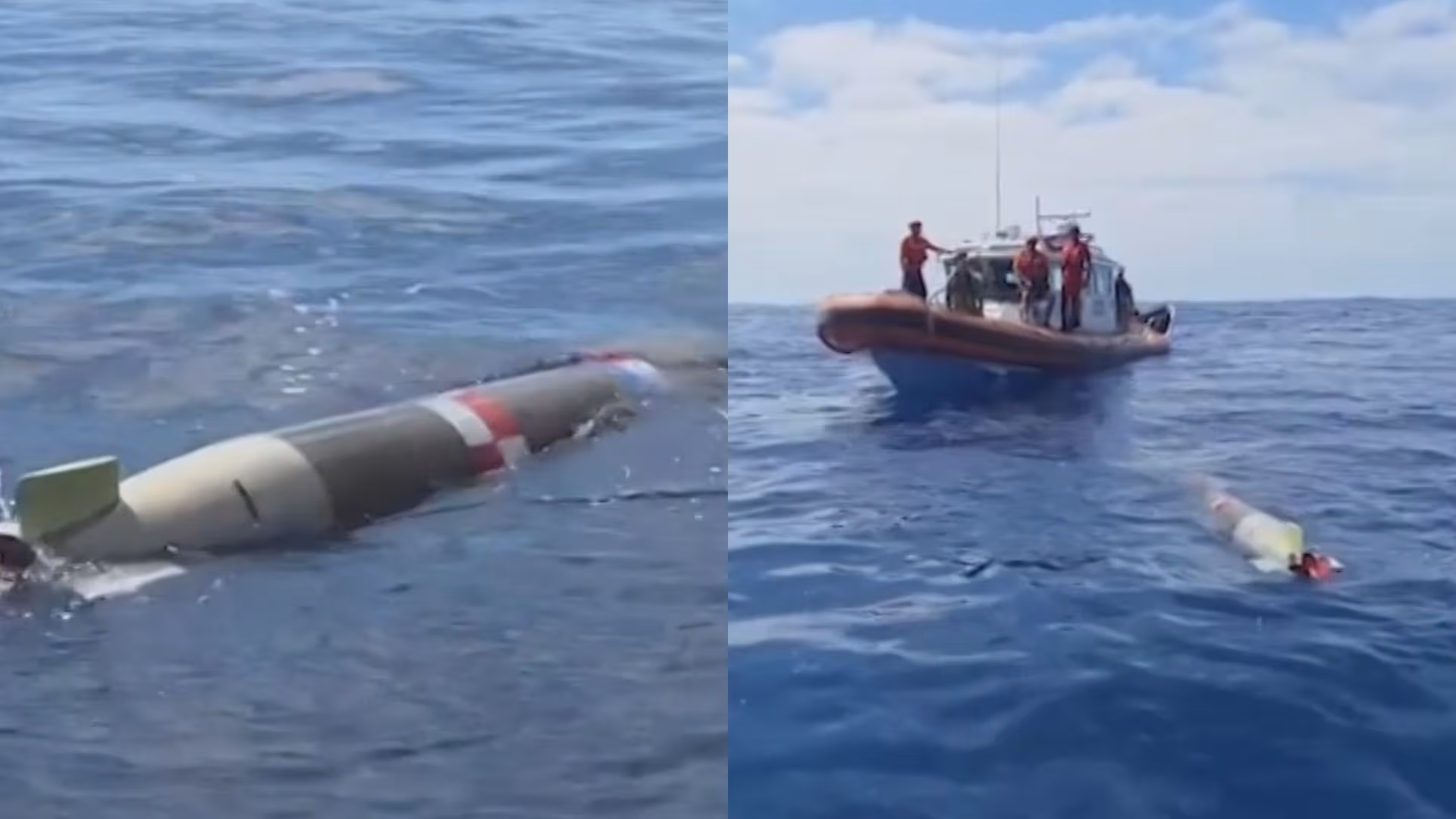 Elementos de la Secretaría de Marina durante las labores de aseguramiento del artefacto militar en aguas de Baja California.