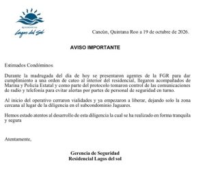 Integrantes de la Marina y de la FGR resguardaron el acceso al subcondominio Jaguares en Lagos del Sol.