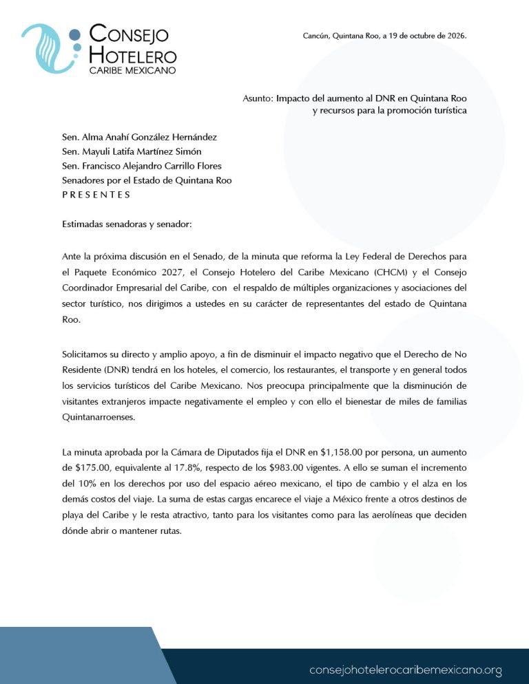 Organismos hoteleros y empresariales del Caribe Mexicano pidieron a los senadores de Quintana Roo intervenir ante el aumento del DNR.