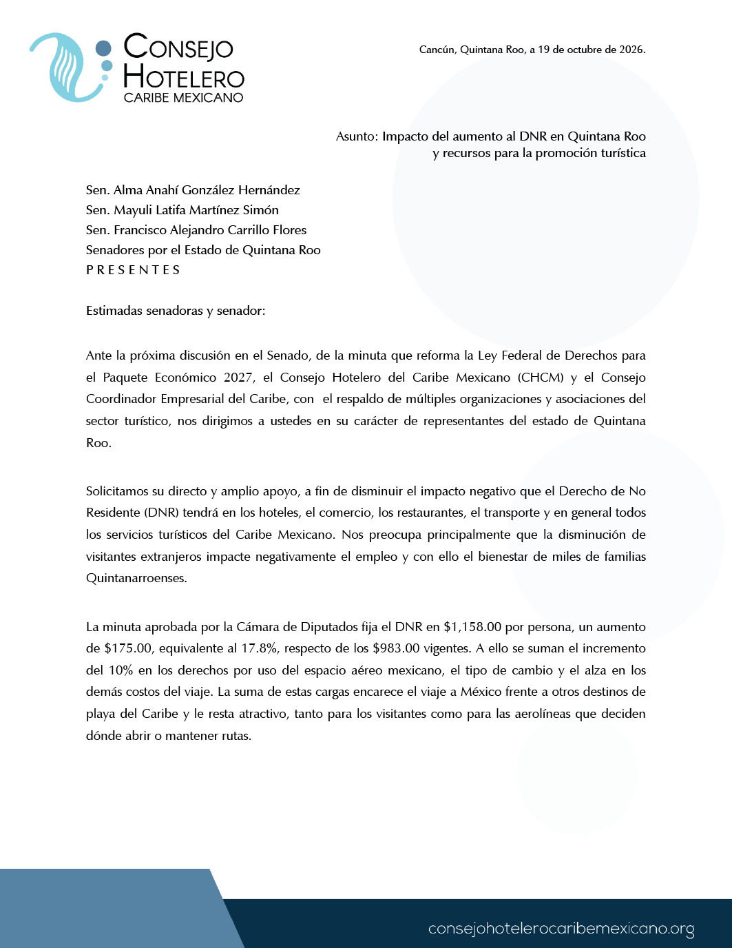 Organismos hoteleros y empresariales del Caribe Mexicano pidieron a los senadores de Quintana Roo intervenir ante el aumento del DNR.