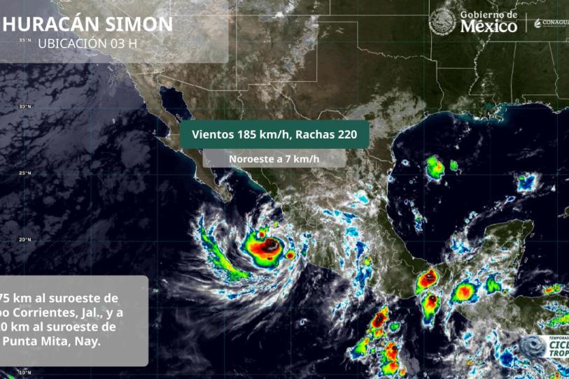 El huracán Simón mantiene vientos sostenidos de 185 kilómetros por hora frente a las costas del Pacífico mexicano.