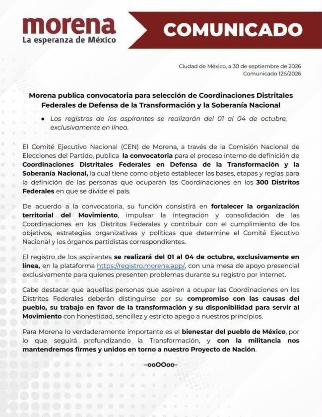Morena abrió el registro para aspirantes a las Coordinaciones Distritales Federales de Defensa de la Transformación y la Soberanía Nacional.